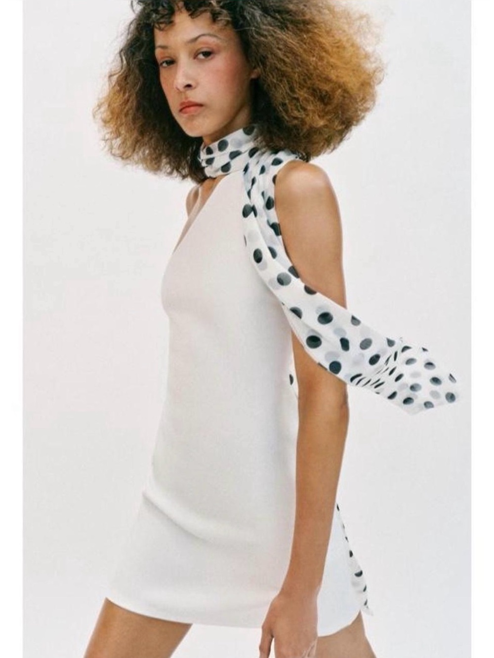 Zara White One-Shoulder Dress with Black Polka Dot Scarf